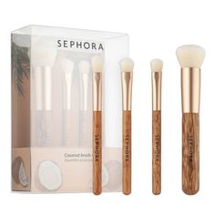 Sephora Collection Coconut Mini Brush Set What It Is: A Mini-Size, Four-Piece Brush Set With A Refreshing Coconut Twist. Brush Formulation: All Formulas Brush Coverage: Buildable Brush Handle Length: - Foundation Brush: 5.5 Inches - Concealer Brush: 4.5 Inches - Shadow Brush: 4.3 Inches - Crease Brush: 4.6 Inches Bristle Type: Synthetic Ingredient Callouts: They Are Cruelty-Free And Come In Recyclable Packaging. What Else You Need To Know: These Brushes Are Made With Coconut Powder And Coconut T Sephora Face Mask, Coconut Powder, Sephora Makeup Brushes, Pink Makeup Brush, Crease Brush, Makeup Sephora, Mini Brush, Makeup Brush Organization, Sephora Beauty