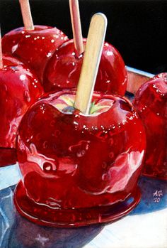 an oil painting of red apples with toothpicks in them