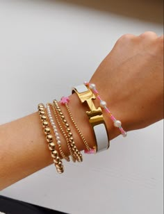 Gold And Pink Bracelet Stack, Preppy Earring Stack, Kendra Scott Bracelet Stack, Colorful Bracelet Stack, E Newton Bracelets Stack, Enewton Bracelets Stacks Ideas, Jewelry Stacking Bracelet, Gold Bracelet Stacks, E Newton Bracelet Stack