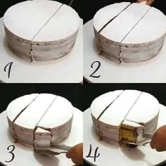 four pictures showing how to cut a cake