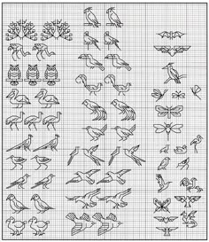 cross stitch pattern with birds and flowers on the bottom, in different sizes and colors