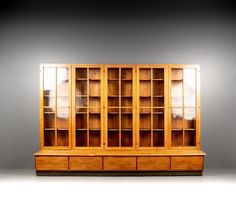 a wooden bookcase with glass doors and drawers on the bottom shelf in front of a gray wall