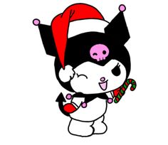 a cartoon character wearing a santa hat and holding a candy cane in one hand, with a skull on the other