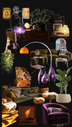 a collage of various furniture and decor items in an artistic manner, including a lamp