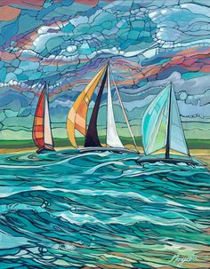 three sailboats are sailing in the ocean under a colorful sky with clouds and blue water