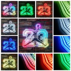 various neon signs are displayed on the wall in different shapes and sizes, including numbers