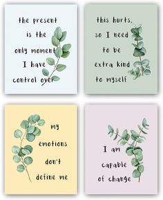 four cards with different sayings on them, each one has a plant in the middle