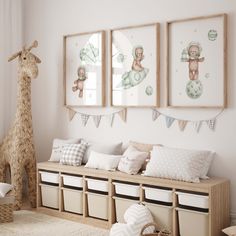 a baby's room with stuffed animals on the wall and toys in storage bins