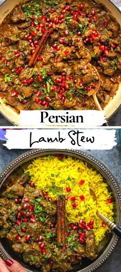 persian lamb stew with yellow rice and pomegranates on the side in a pan