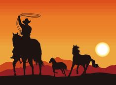 the silhouette of two cowboys on horses with their lassos in front of an orange sunset