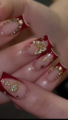 Red French Tip with Gold Diamond Jewlery Acrylic Nails Red French With Gold, Nails Acrylic Inspo Medium, Red Nails With Gold Gems, Red And Gold French Nails, Gold Designed Nails, Red Gold Nails Acrylic, Gold Jewelry Nails, Simple Holiday Nails Coffin, Red White And Gold Nail Designs