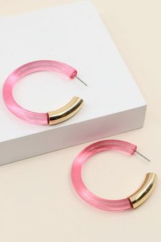 Disco Days Lucite Hoop Earrings - Jolie Vaughan | Online Clothing Store in Baton Rouge Chic Small Hoop Pink Jewelry, Chic Small Pink Hoop Earrings, Chic Small Pink Hoop Jewelry, Chic Pink Round Earrings, Chic Pink Small Hoop Earrings, Chic Pink Hoop Jewelry, Plastic Hoop Jewelry Gift, Modern Pink Small Hoop Earrings, Modern Pink Small Hoop Jewelry