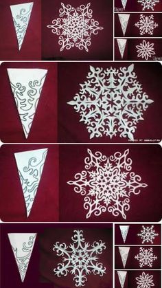 paper snowflakes that are cut out to look like they have been made into christmas decorations