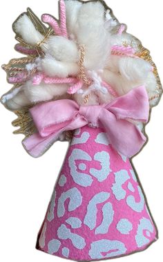 Fun Pink Mini Hats For Party, Cute Pink Party Hat, Playful White Party Hat, Cute Pink Mini Hat As A Gift, Playful Pink Mini Hat Gift, Playful Pink Mini Hats For Gifts, Leopard Print Birthday, Pom Pom Bow, Whimsical Party