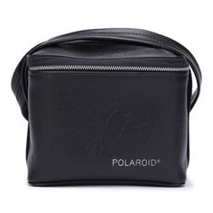 a black leather bag with the word polaroid printed on it and zippered closures