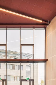 red ceiling design with glass facade Painted Ceiling Office, Circular Sofa, Ceiling Office, Student Center, Materials And Textures