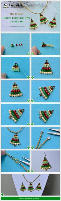 instructions to make beaded christmas tree ornament necklaces for the holiday season