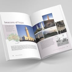 an open brochure with images of lighthouses and other things on it's page