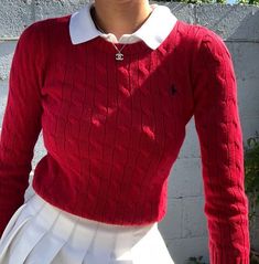 Red Collared Shirt Outfit, Red Ralph Lauren Sweater, Red Ralph Lauren Sweater Outfit, Red Polo Sweater Outfit, Red Polo Shirt Outfit Women's, Red Outfit Inspiration, Red Outfit Winter, Polo Sweater Outfit, Polo Ralph Lauren Outfits