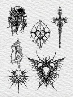 six different types of tattoo designs on white paper with watermarks and inking