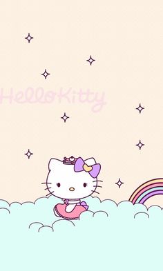 the hello kitty wallpaper is in pink and blue with stars, clouds, and a rainbow