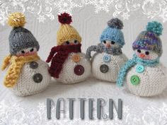 four knitted snowmen with hats and scarves