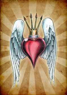 an angel heart with two wings and a crown on top