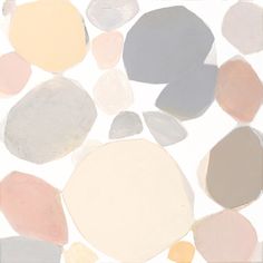 an abstract painting with different colors and shapes on white paper, including gray, pink, yellow, orange, and grey circles