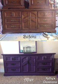 before and after photos of an old dresser turned into a sideboard with purple paint