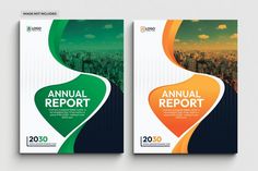 two annual report covers with cityscape in the background and an orange, green and yellow design