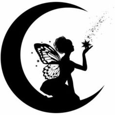 a black and white image of a fairy sitting on the moon