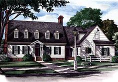 this is an artist's rendering of a house in the country style with white trim and black shutters