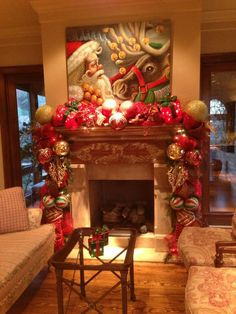 a living room with a fire place decorated for christmas