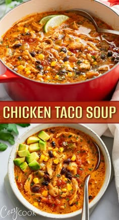 chicken taco soup with avocado and cilantro