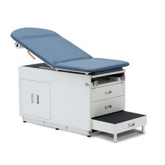 a medical examination table with drawers on the bottom and an open drawer below it that has a blue top