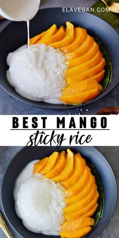 mango sticky rice is being poured into a bowl with the ingredients in it and then topped with milk