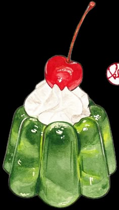 a drawing of a green cake with whipped cream and a cherry on top, in watercolor