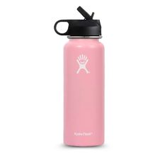 a pink water bottle with a black lid and a white logo on the side that says,