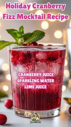 holiday cranberry fizz cocktail recipe with text overlay that reads, holiday cranberry fizz cocktail recipe