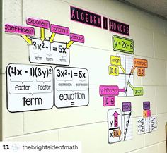 a bulletin board with different types of signs attached to it's wall in a school hallway