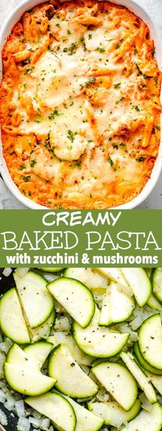 baked pasta with zucchini and mushrooms in a casserole dish