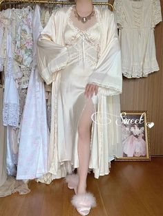 Silk Coquette Strap Dress Long Split Dress, Fairycore Fashion, Nightgown Sets, Chemise Dress, Lace Nightgown, Vintage Inspired Fashion, Brides Wedding Dress, Split Dress, Women Nightwear