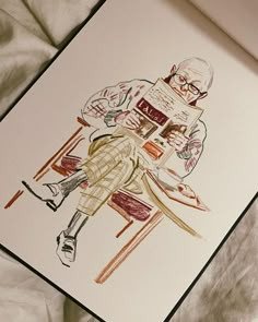 a drawing of a man sitting at a table