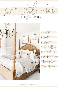 a bed with white sheets and pillows in front of a poster that says how to style a bed like a pro