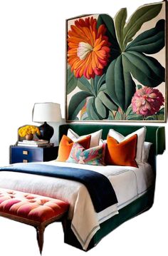 a bed with colorful pillows and an orange flower on the wall above it, next to a painting