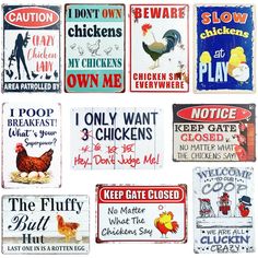 chicken signs are displayed on a white background in various colors and sizes, including red, yellow, blue, green, orange