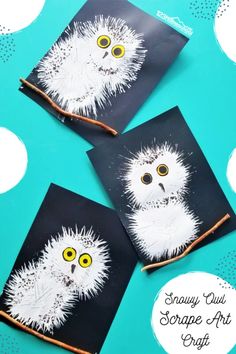 three pictures of an owl made out of paper with googly eyes and feathers on them