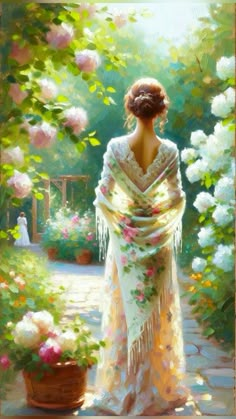 a painting of a woman in a white dress and shawl standing on a path surrounded by flowers