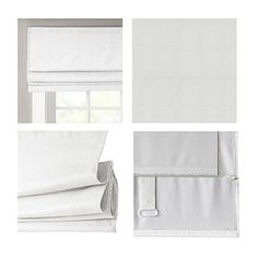 four different views of white curtains and window coverings