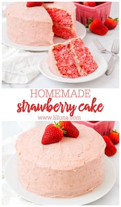 strawberry cake on a white plate with strawberries in the background and text overlay that reads homemade strawberry cake